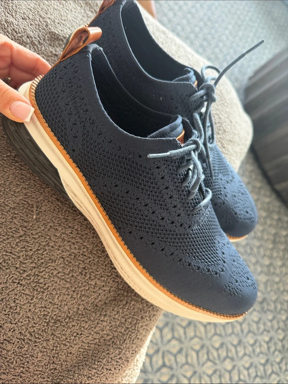 Cole Haan Navy Knit Wingtip Derby with Tan Trim